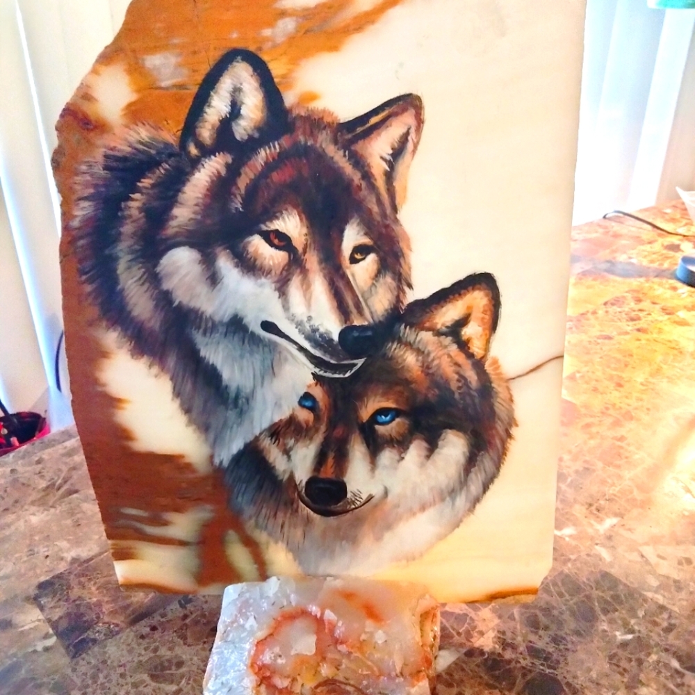 WOLF ~ Hand Painted Marble Onyx Stone ROCK picture ~ Wildlife.